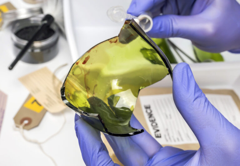 Police expert gets blood sample from a broken glass bottle in Criminalistic Lab, conceptual image
